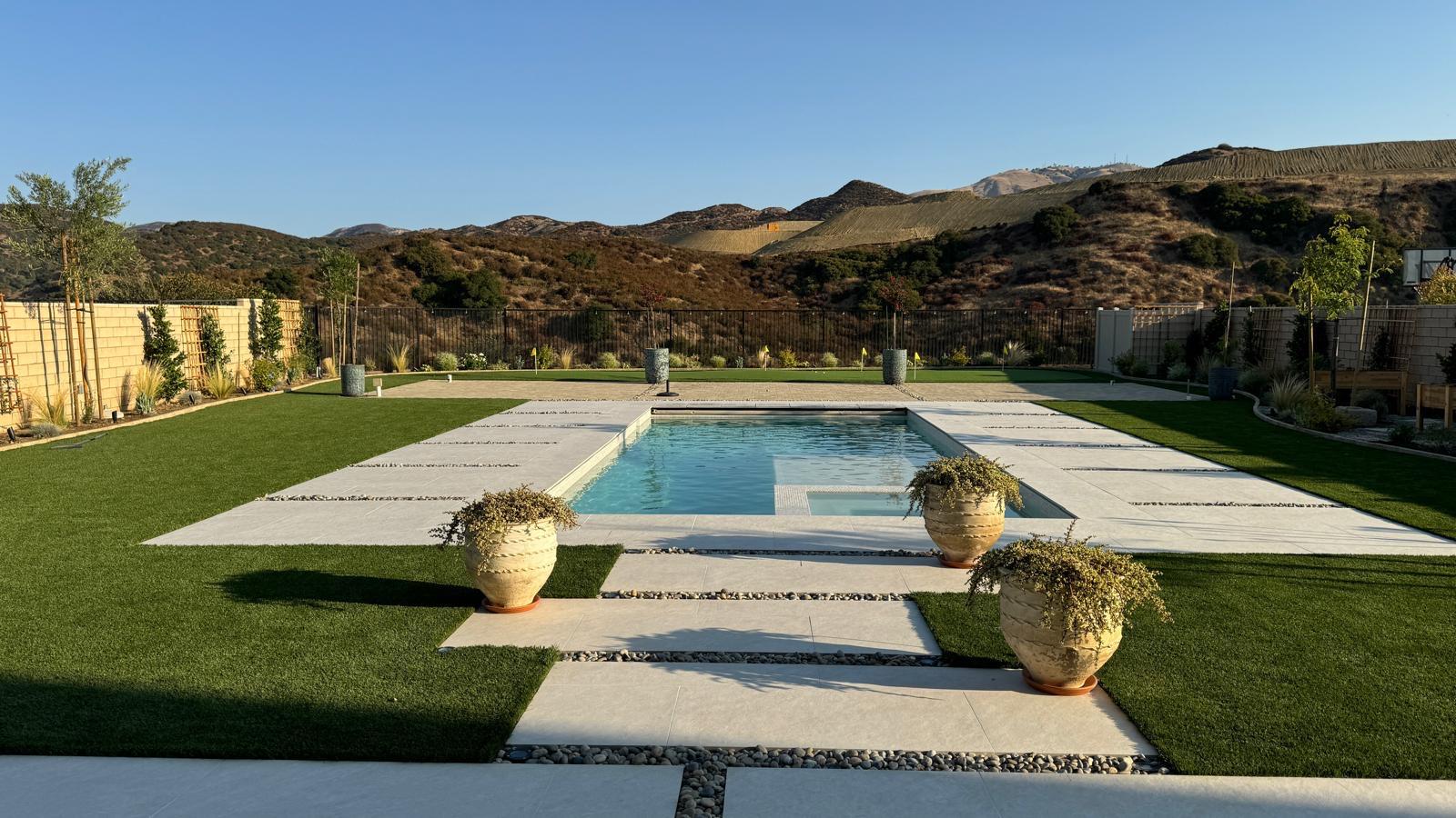 Custom pool and spa project with mountain backdrop in Sterling Ranch by Pool Masters LA